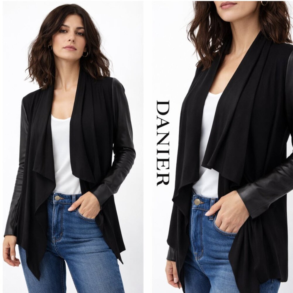Danier Black Leather Waterfall Cardigan Italian Leather